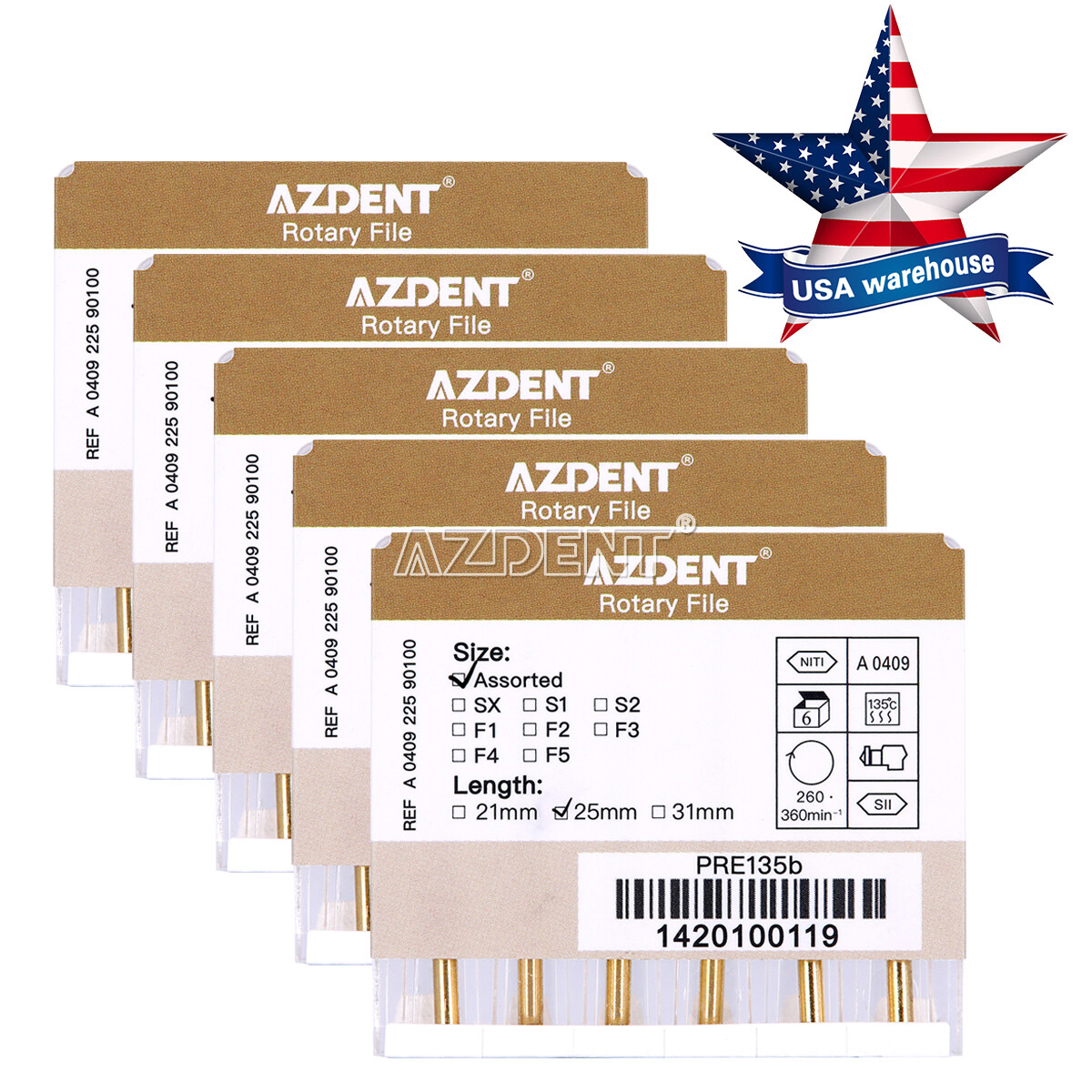 AZDENT Dental Endodontic Gold Taper NITI Rotary Files Engine Use 25mm 6PCS/Packs
