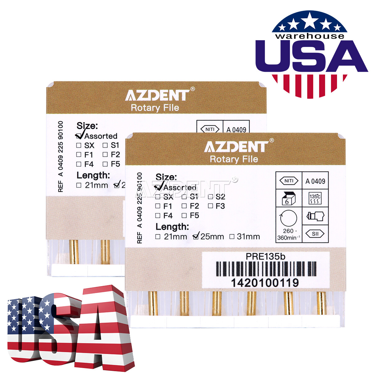 AZDENT Dental Endodontic Gold Taper NITI Rotary Files Engine Use 25mm 6PCS/Packs